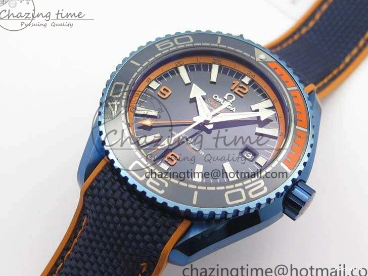 1219 Unique Planet Ocean 45mm GMT Blue DLC Black OMF Best Edition Blue Dial On Blue Gummy Strap A 8123